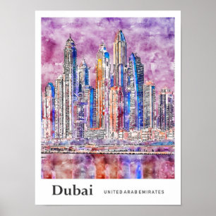 Affiche Dubaï UAE Travel Aquarelle main tirée