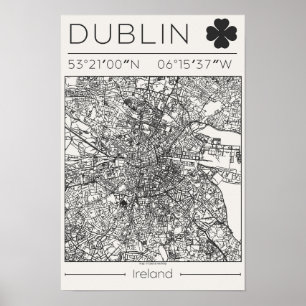 Affiche Dublin Irlande Carte de la ville au charbon de boi