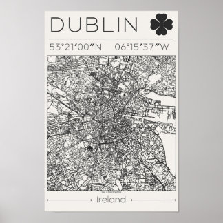 Affiche Dublin Irlande Carte de la ville au charbon de boi