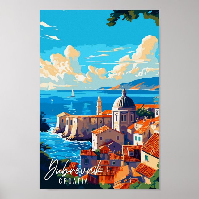Affiche Dubrovnik Croatie illustration de voyage vintage (Devant)