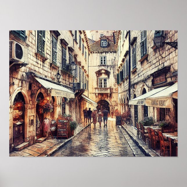 Affiche Dubrovnik Croatie rue Tour aquarelle (Devant)