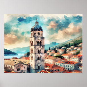 Affiche Dubrovnik Croatie Tour Bell aquarelle