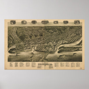 Affiche Dubuque Iowa 1889 Carte panoramique antique