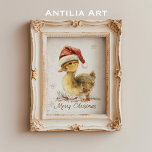 Affiche Duckkling Christmas Greeting Card Duck in Santa Ha<br><div class="desc">Célébrez la saison des Fêtes avec cette adorable carte de Noël avec un charmant canard portant un chapeau de Père Noël ! Le design sucré et festif comprend "Joyeux Noël" écrit sous le canard, entouré de verdure hivernale et de délicats flocons de neige. Parfait pour répandre la joie des fêtes,...</div>