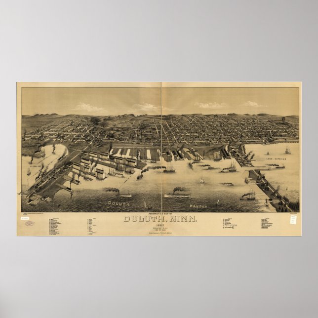 Affiche Duluth Minnesota 1887 Carte panoramique antique (Devant)
