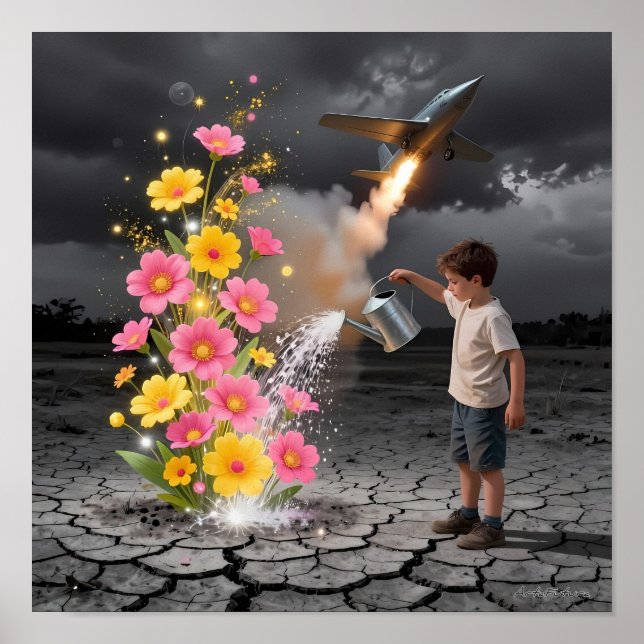 Affiche d'un enfant arrosant des fleurs dans des t (Devant)