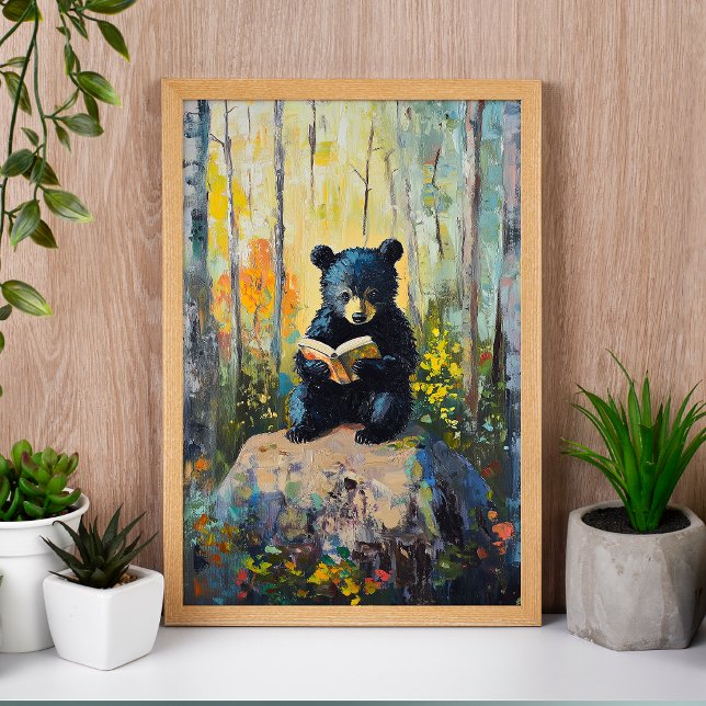 Affiche d'un ours noir mignon lisant un livre (Créateur téléchargé)