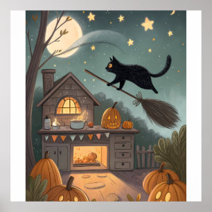 Affiche Duo Chat & Balai Nuit Magique d'Halloween