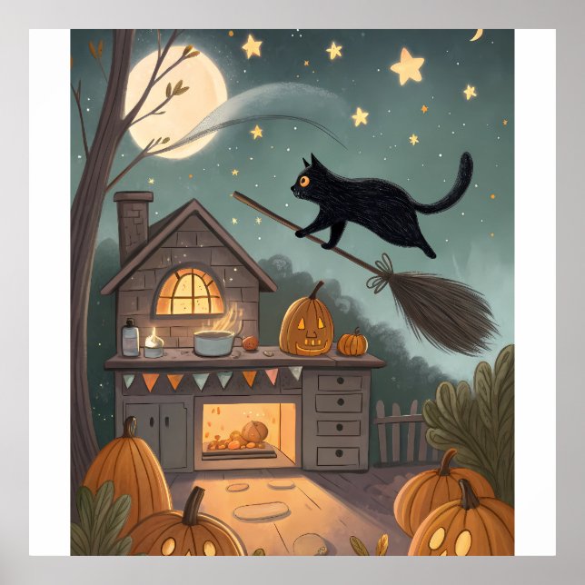 Affiche Duo Chat & Balai | Nuit Magique d'Halloween (Devant)