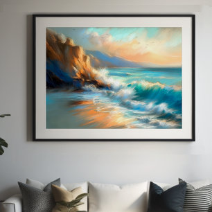 Affiche Dur Pastel Dessin Vagues sur une plage