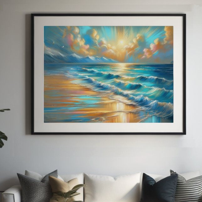 Affiche Dur Pastel Dessin Vagues sur une plage II (Créateur téléchargé)