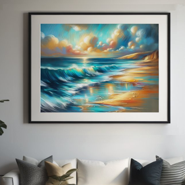 Affiche Dur Pastel Dessin Vagues sur une Plage III (Créateur téléchargé)