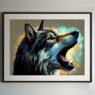 Affiche Dur Pastel Dessin Wolf Howling