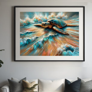 Affiche Dur Pastel Dessiner la tortue de mer sur la plage