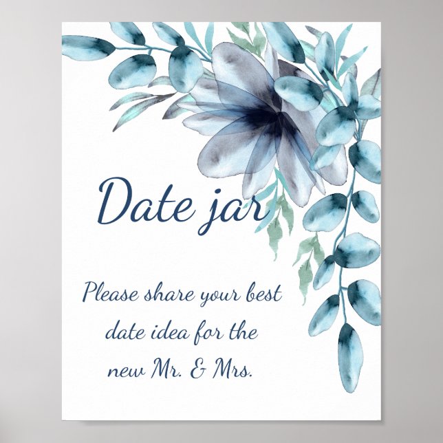 Affiche Dusty bleu marine floral date pot nuptiale douche (Devant)