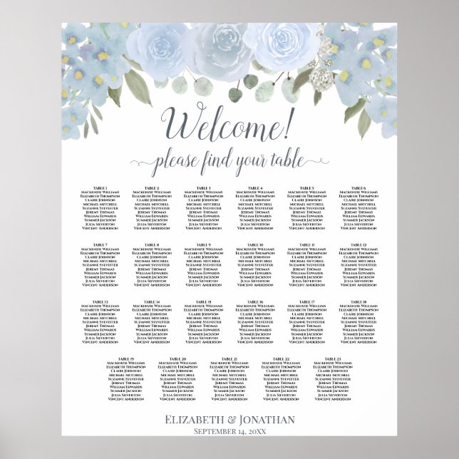 Affiche Dusty Blue Boho Chic Roses 23 Table Seating Chart (Devant)