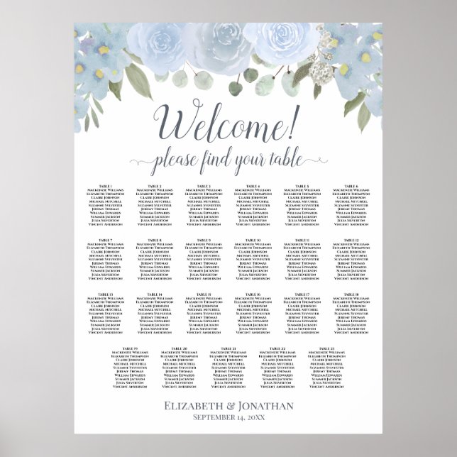 Affiche Dusty Blue Boho Chic Roses 23 Table Seating Chart (Devant)