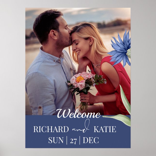 Affiche Dusty Blue Bold Floral Stylish QR Code Mariage (Devant)