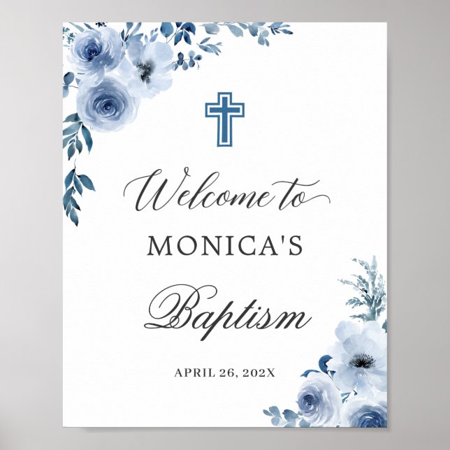 Affiche Dusty Blue Botanical Floral Baptism Welcome Sign (Devant)