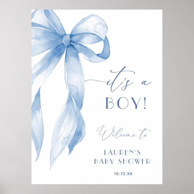 Affiche Dusty Blue Bow Its A Boy Baby Shower Welcome Sign (Devant)