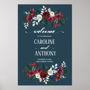 Affiche Dusty Blue Burgundy Bloom Wedding Welcome Sign