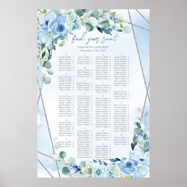 Affiche Dusty Blue cadre floral argent sage Alphabétique (Devant)