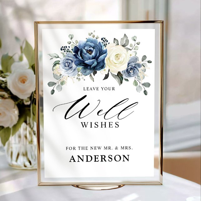 Affiche Dusty Blue Champagne Ivory Floral Wings (Dusty Blue Champagne Ivory Floral Well Wishes Poster)