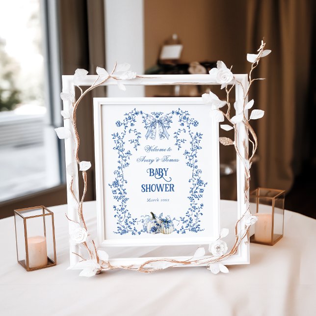 Affiche Dusty Blue Citrouille Fall Floral Boy Baby shower (Créateur téléchargé)