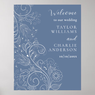 Affiche Dusty Blue Elegant Floral Mariage Bienvenue