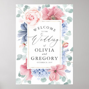 Affiche Dusty Blue et Dusty Rose Floral Mariage Bienvenue