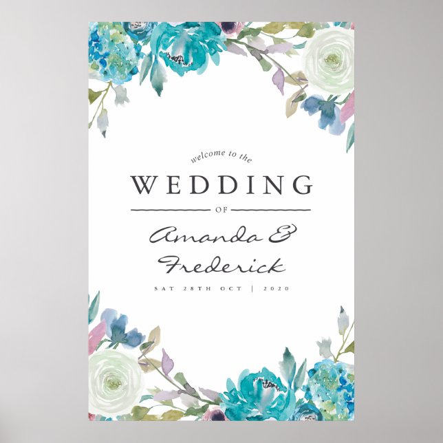 Affiche Dusty Blue et Turquoise Floral Mariage Bienvenue (Devant)