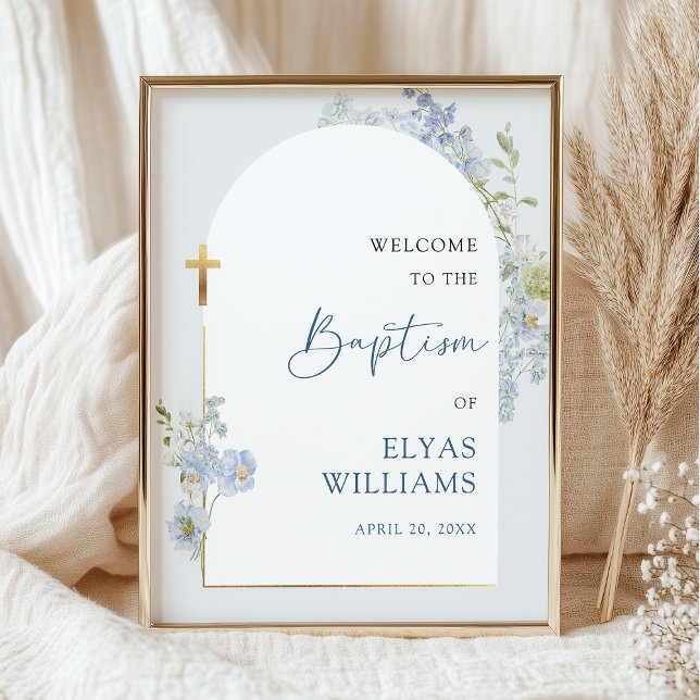 Affiche Dusty Blue Floral Arched Boy Baptism Welcome Sign (Créateur téléchargé)