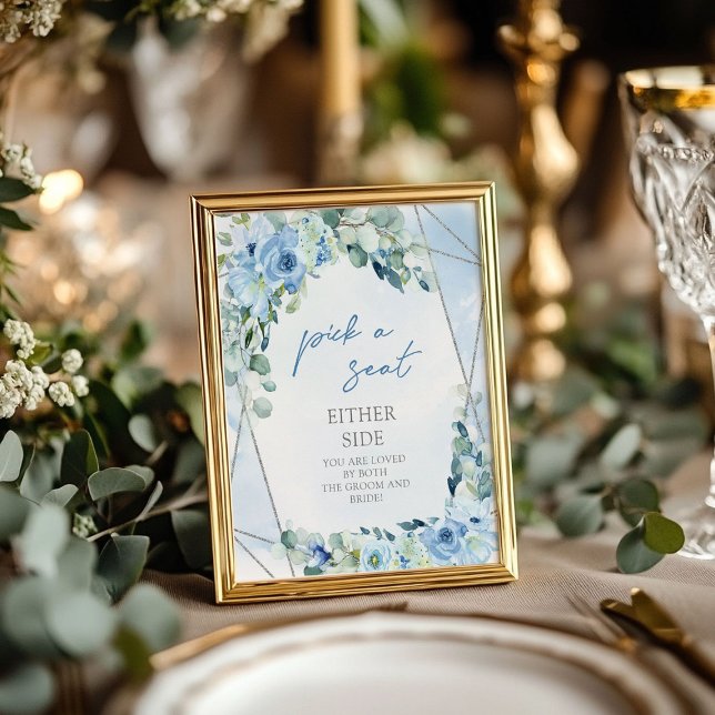 Affiche Dusty Blue floral argent Choisir un siège de chaqu (Dusty Blue floral silver Pick a Seat Either Side Poster)