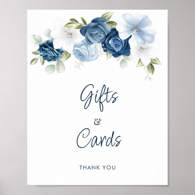 Affiche Dusty Blue Floral Cadeaux et Cartes Mariage (Devant)