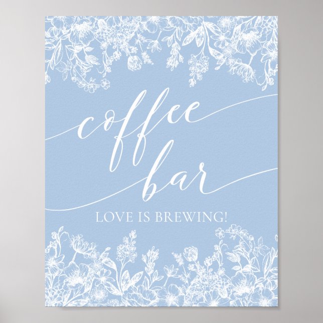 Affiche Dusty Blue Floral Coffee Bar L'amour brasse (Devant)