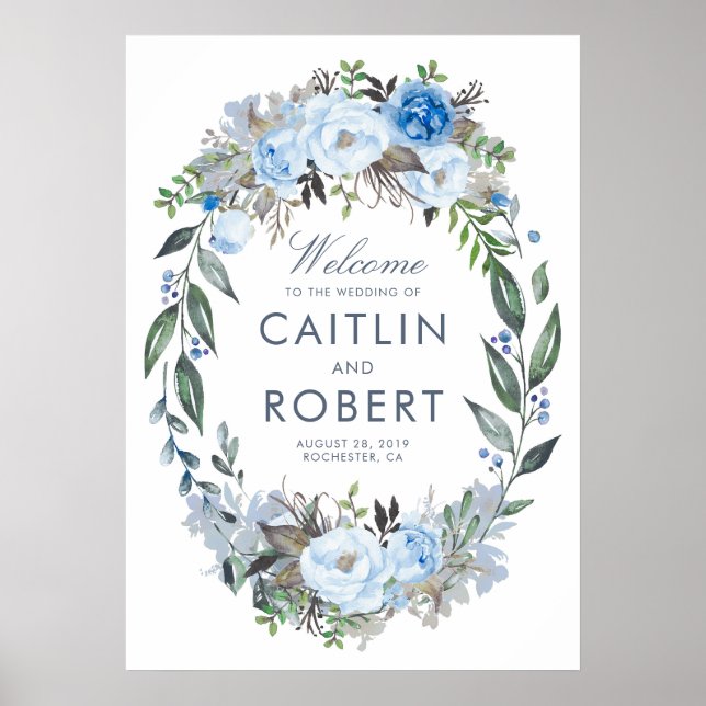 Affiche Dusty Blue Floral Mariage romantique Bienvenue (Devant)