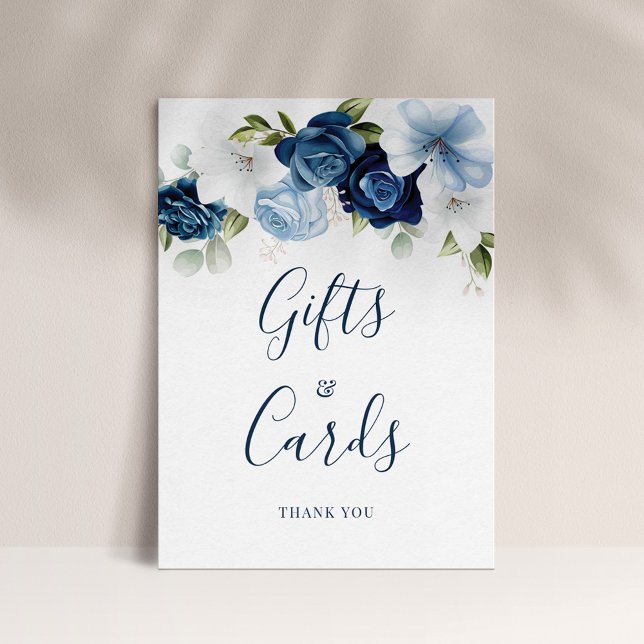 Affiche Dusty Blue Floral Script Cadeaux et cartes Mariage (Dusty Blue Floral Botanical Script Gifts and Cards Display Card)