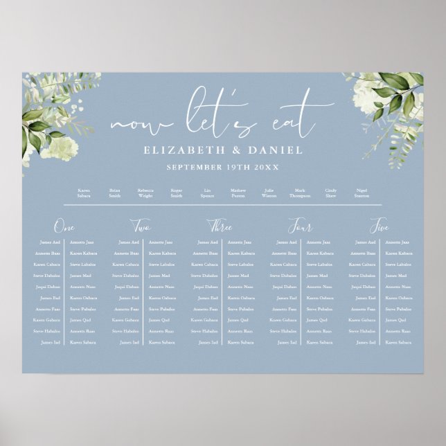 Affiche Dusty Blue Floral Wedding Table Plan Seating Chart (Devant)