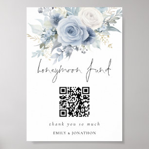Affiche Dusty Blue Florals QR Code Honeymoon Fund Mariage