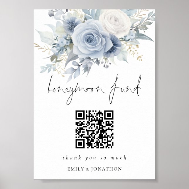 Affiche Dusty Blue Florals QR Code Honeymoon Fund Mariage (Devant)