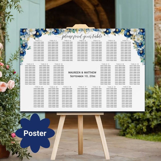 Affiche Dusty Blue Gold Floral 20 Tables Siège Mariage (Créateur téléchargé)