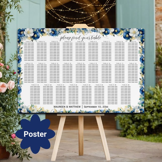 Affiche Dusty Blue Gold Floral 26 Tables Siège Mariage (Créateur téléchargé)