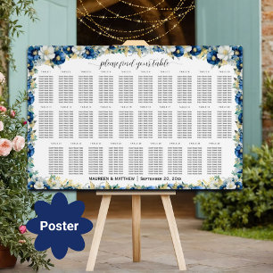 Affiche Dusty Blue Gold Floral 29 Tables Siège Mariage