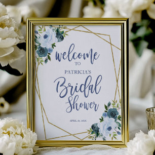 Affiche Dusty Blue Gold Floral Bridal Shower Welcome