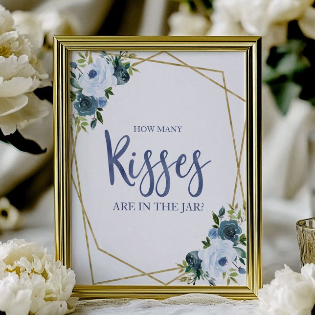 Affiche Dusty Blue Gold Floral How Many Kisses Sign (Créateur téléchargé)