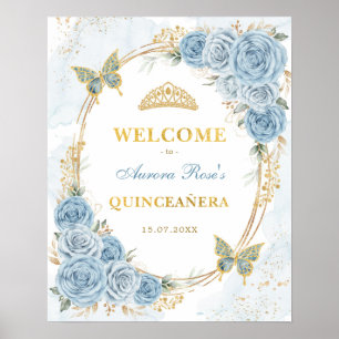 Affiche Dusty Blue Gold Quinceanera Mis Quince Bienvenue