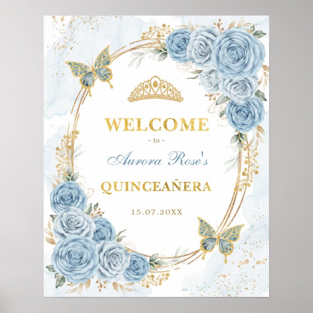 Affiche Dusty Blue Gold Quinceanera Mis Quince Bienvenue (Devant)