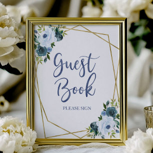 Affiche Dusty Blue Gold Watercolor Floral Guest Book Sign