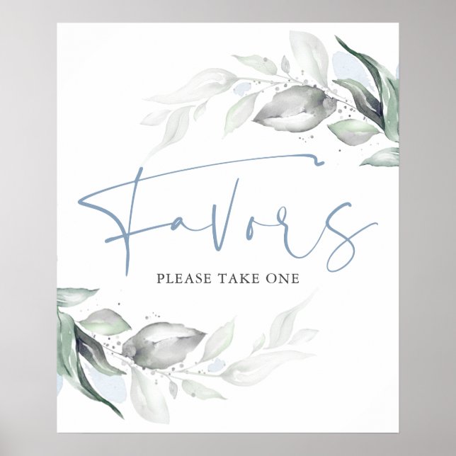 Affiche Dusty Blue Greenery and Silver Leaves Favors Sign (Devant)