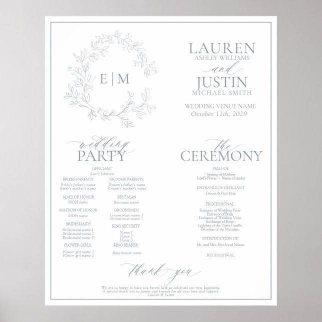 Affiche Dusty Blue Leafy Crest Monogramme Programme de mar (Devant)